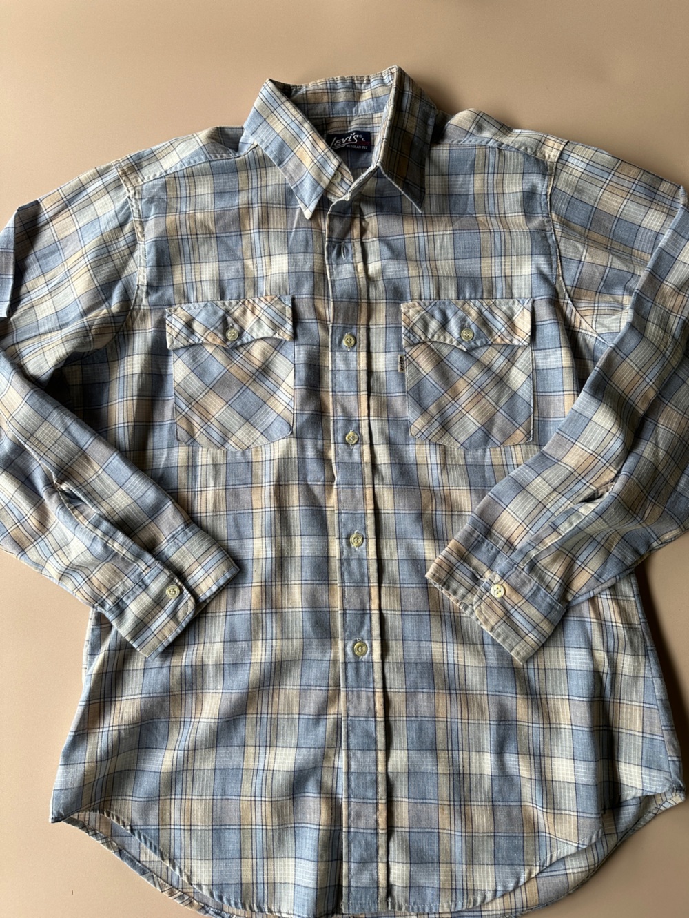 Vintage 80s Levi's Light Blue and Tan Plaid Button-Down Shirt